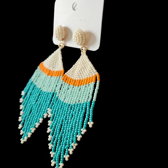 NWT - Elegant Beaded Fringe Earrings - Turquoise, Orange, and Cream - Picture 3 of 7
